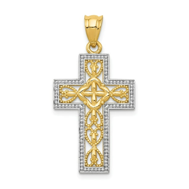 Polished 14K Gold Reversible Filigree Cross Pendant 